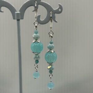 Aqua Chalcedony Microcrystalline Quartz Blue Beaded Dangle Earrings